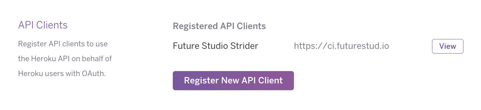 Heroku Application Settings — Register New API Client