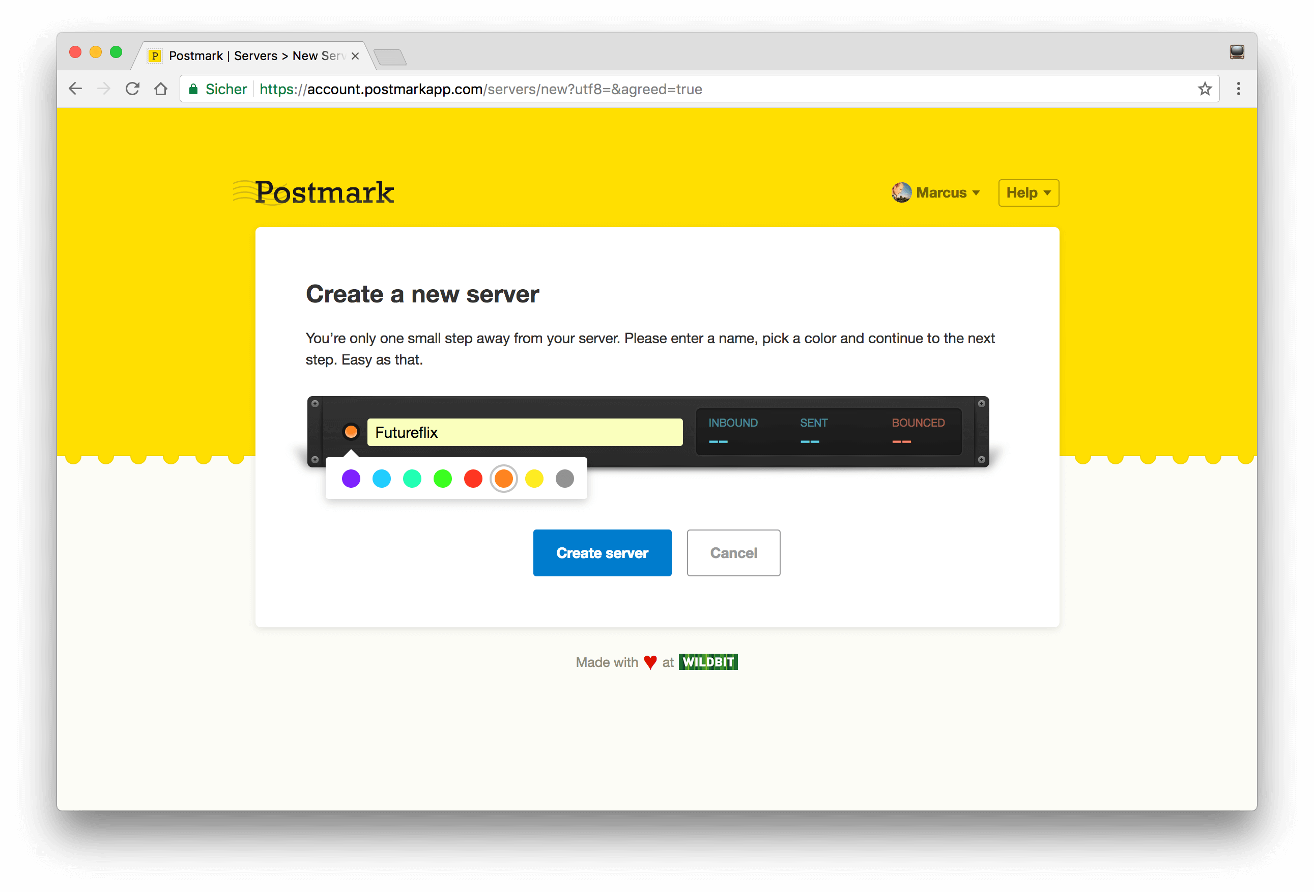 Name your Postmark server and assign a color
