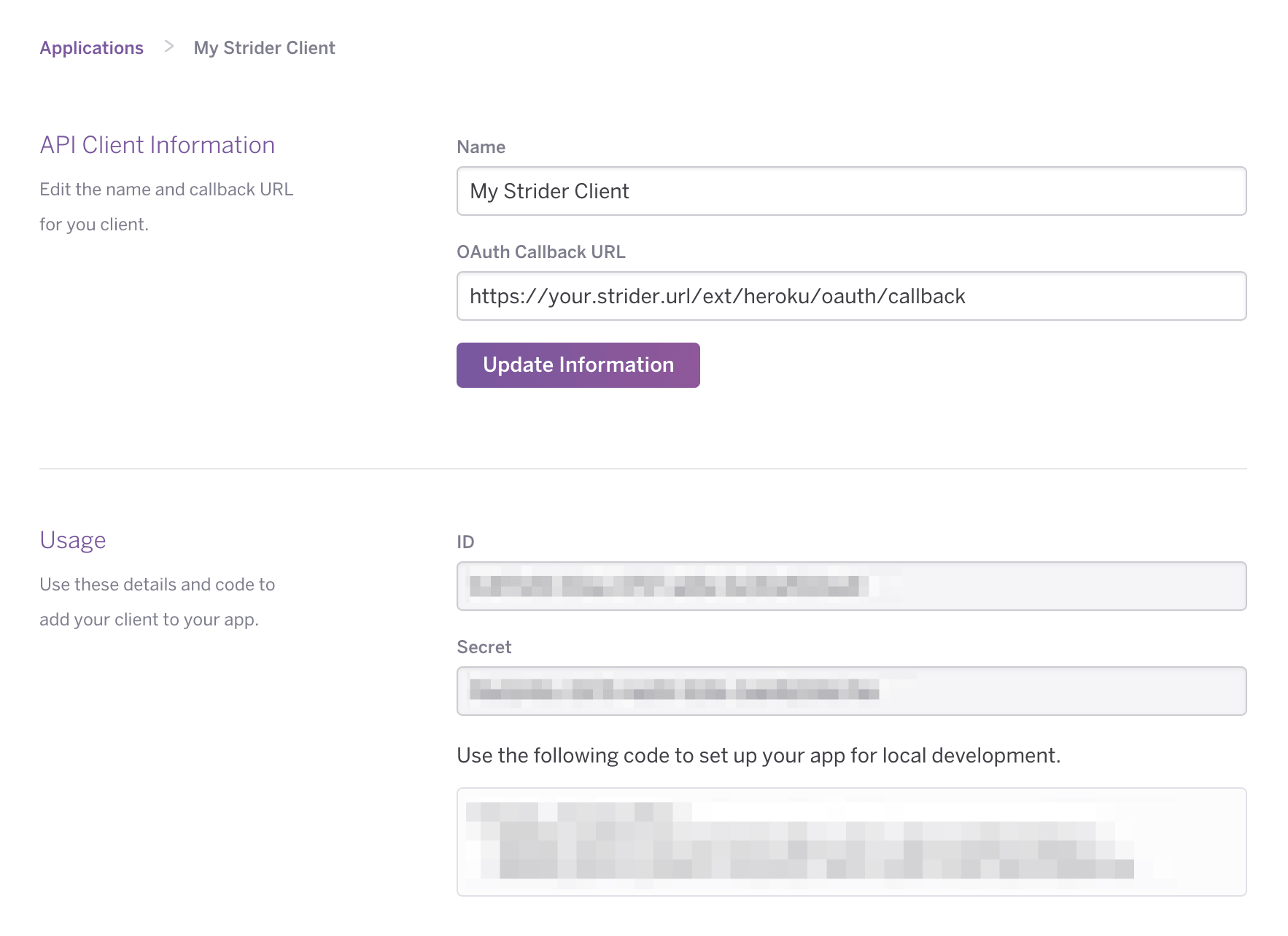 Heroku Application Details — Client ID and Client Secret