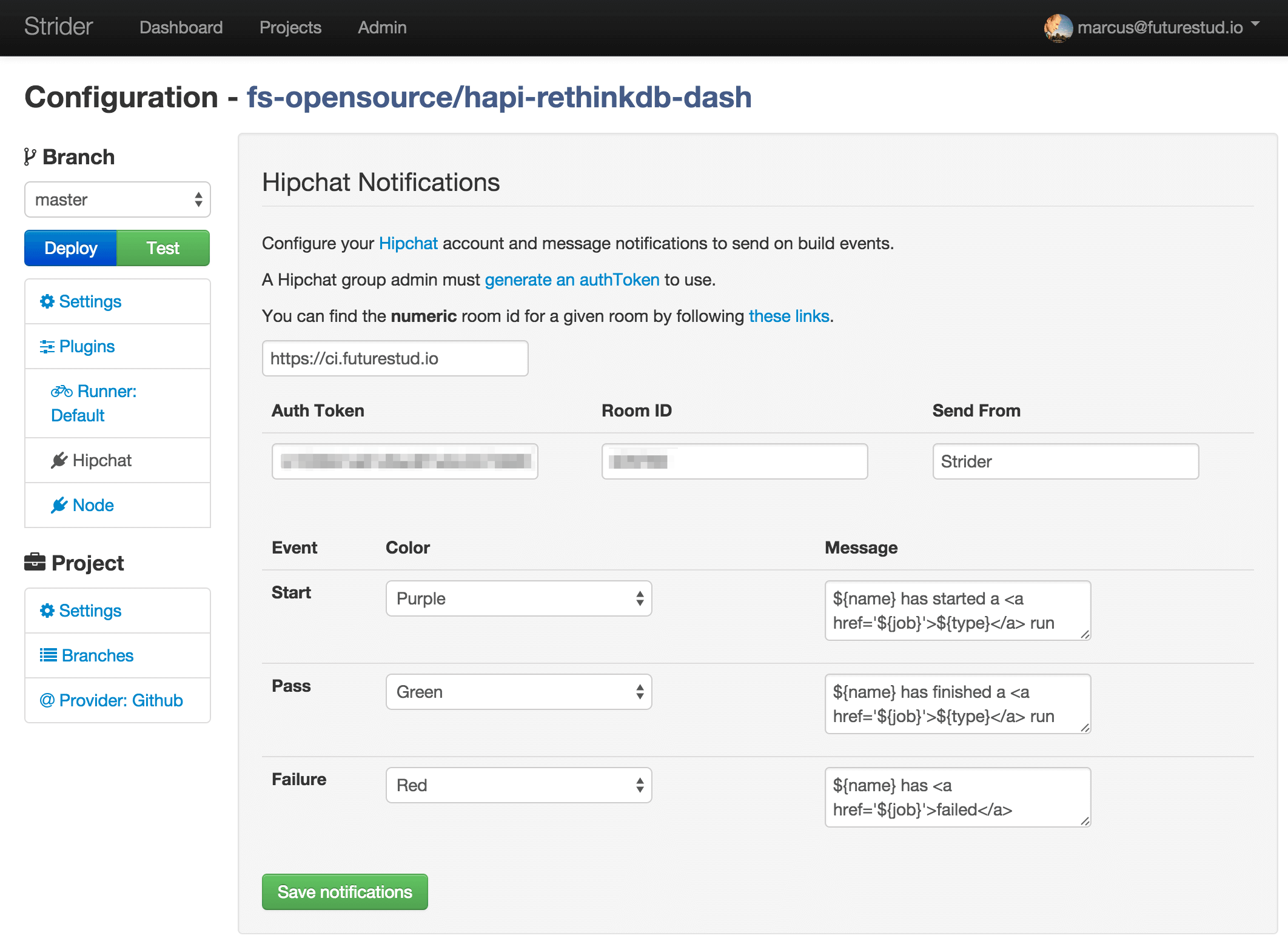 Strider-HipChat Plugin Settings