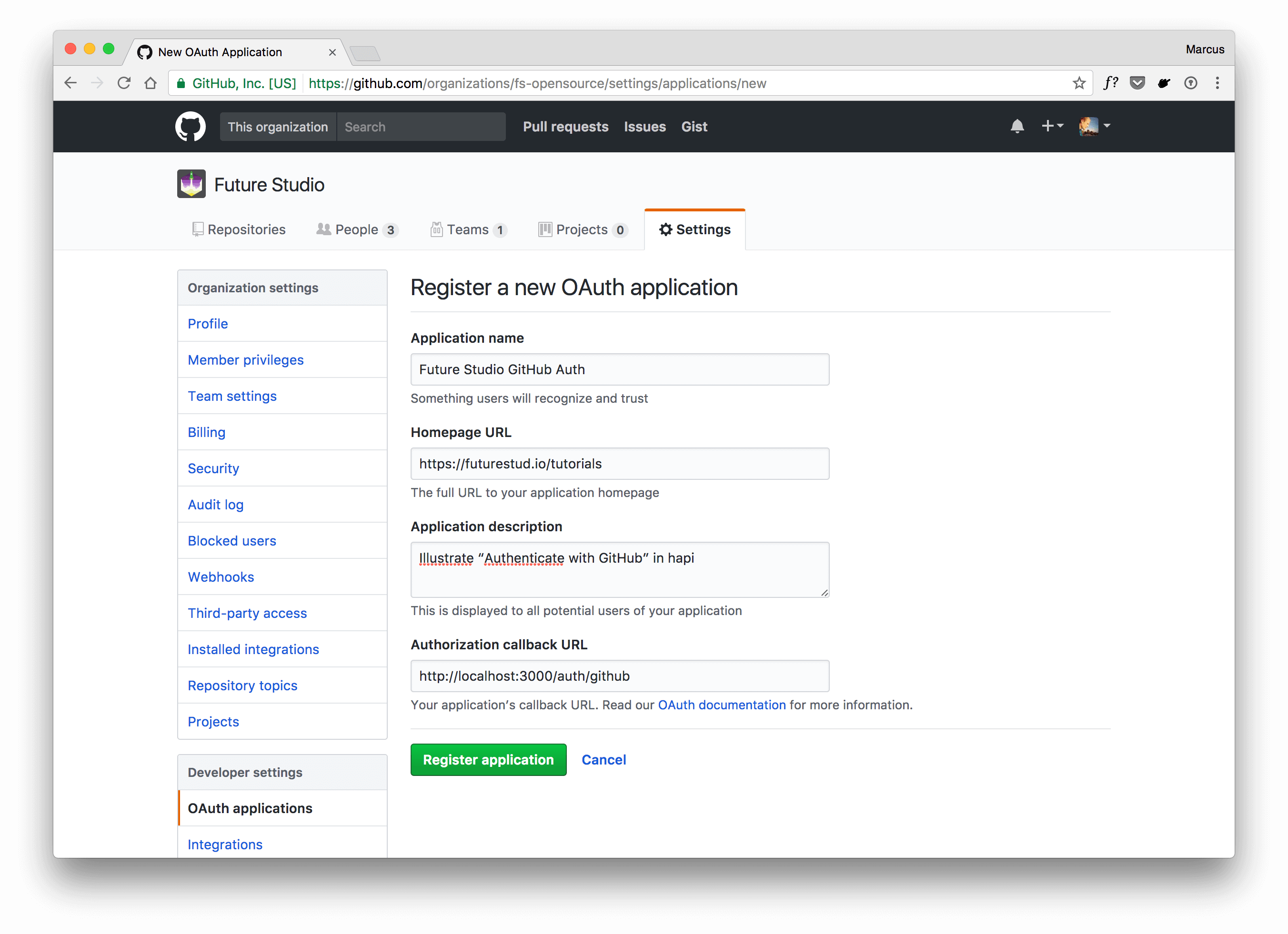 Register new GitHub OAuth Application
