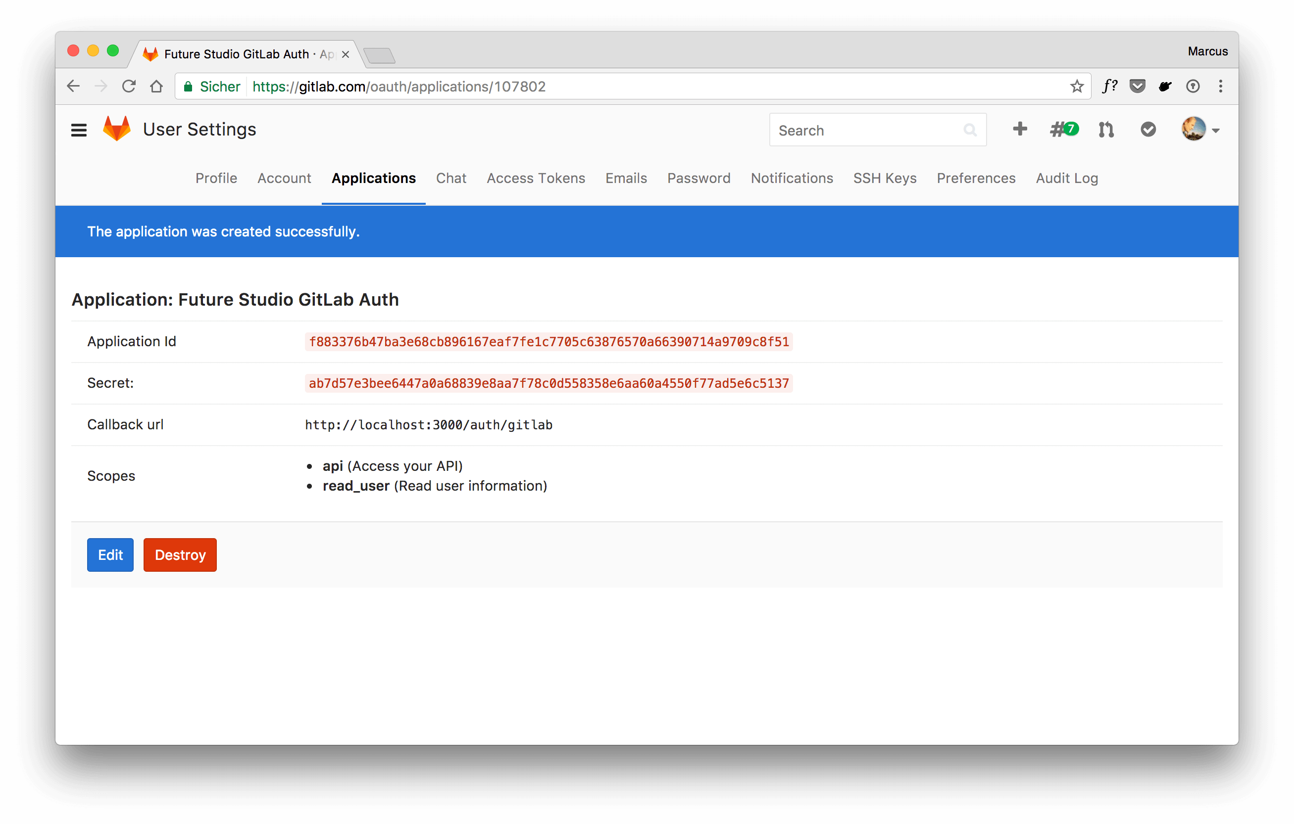 New GitLab OAuth Application