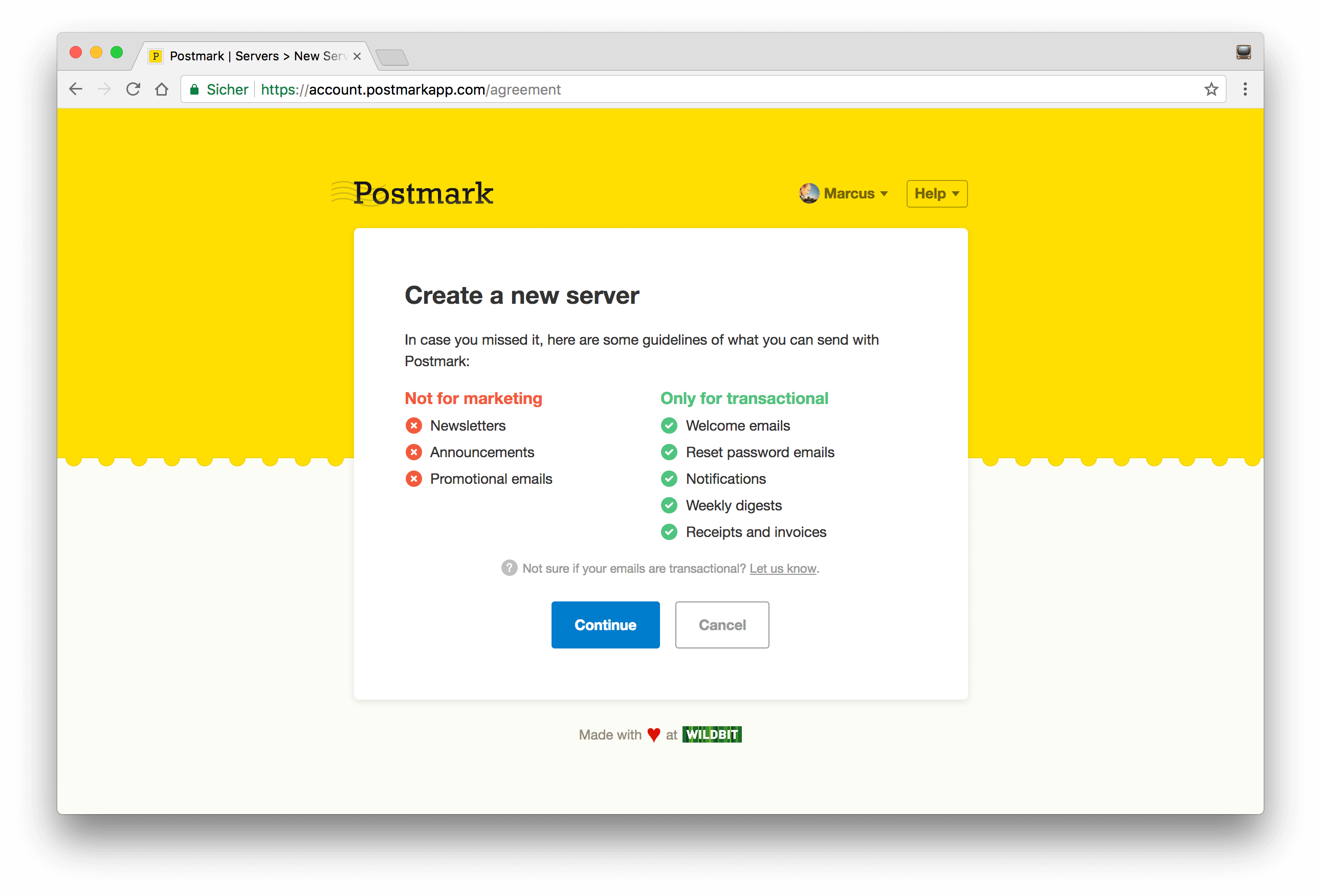 Create a new Postmark server to send emails
