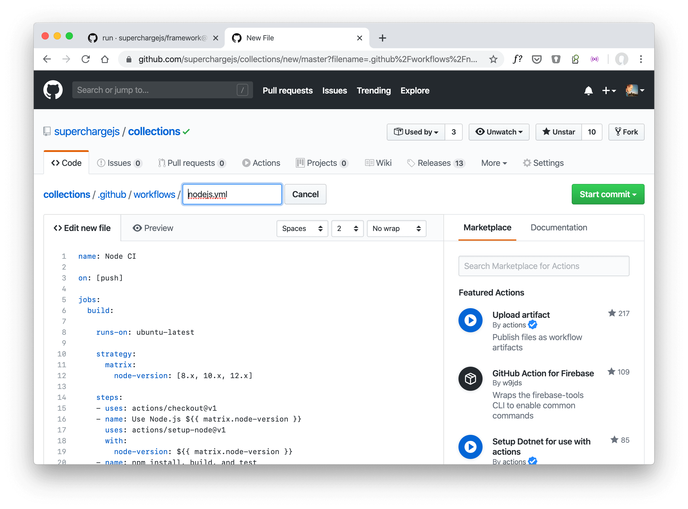 GitHub Actions: create a new Node.js testing workflow