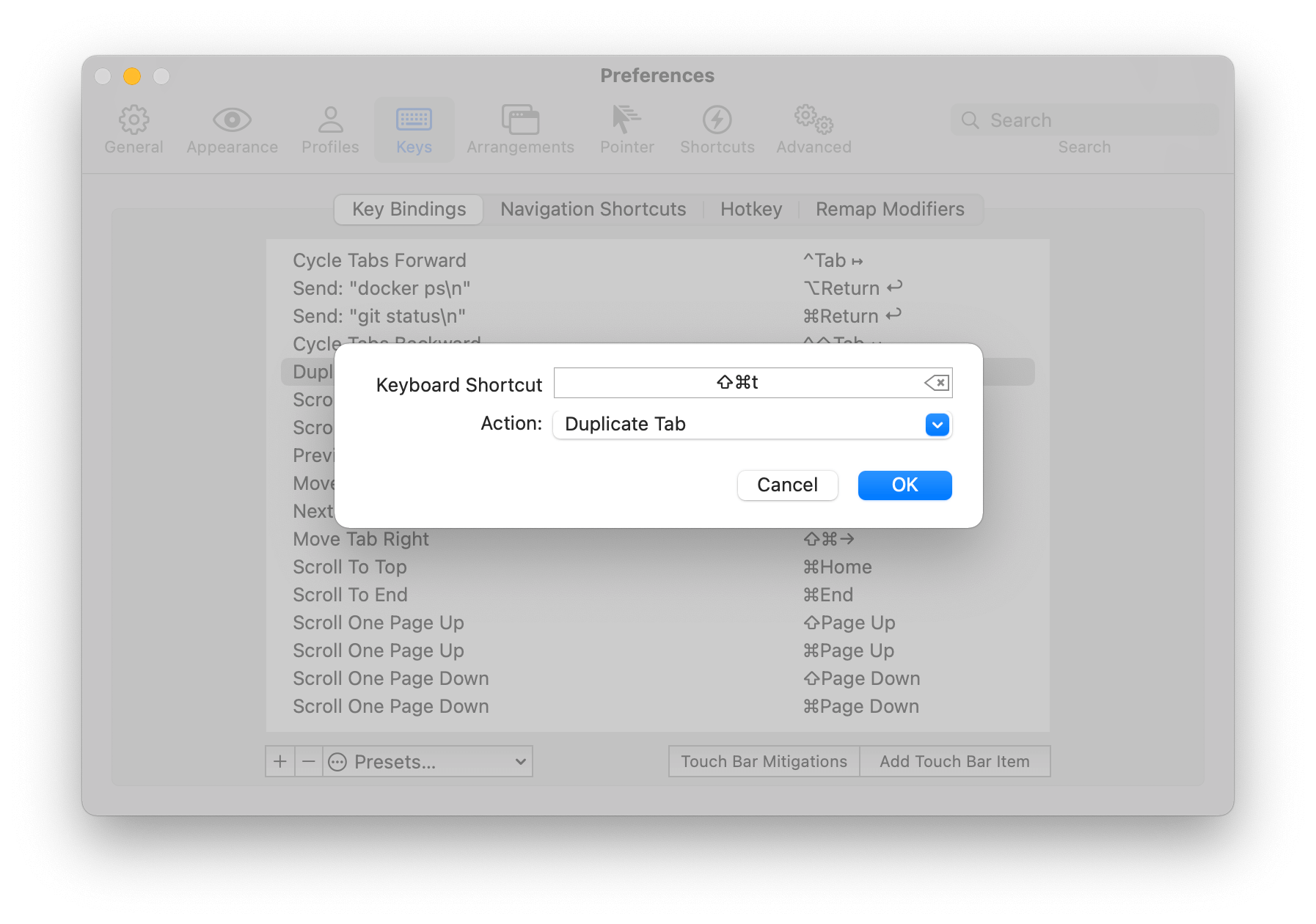 Add keyboard shortcut in iTerm to duplicate a tab